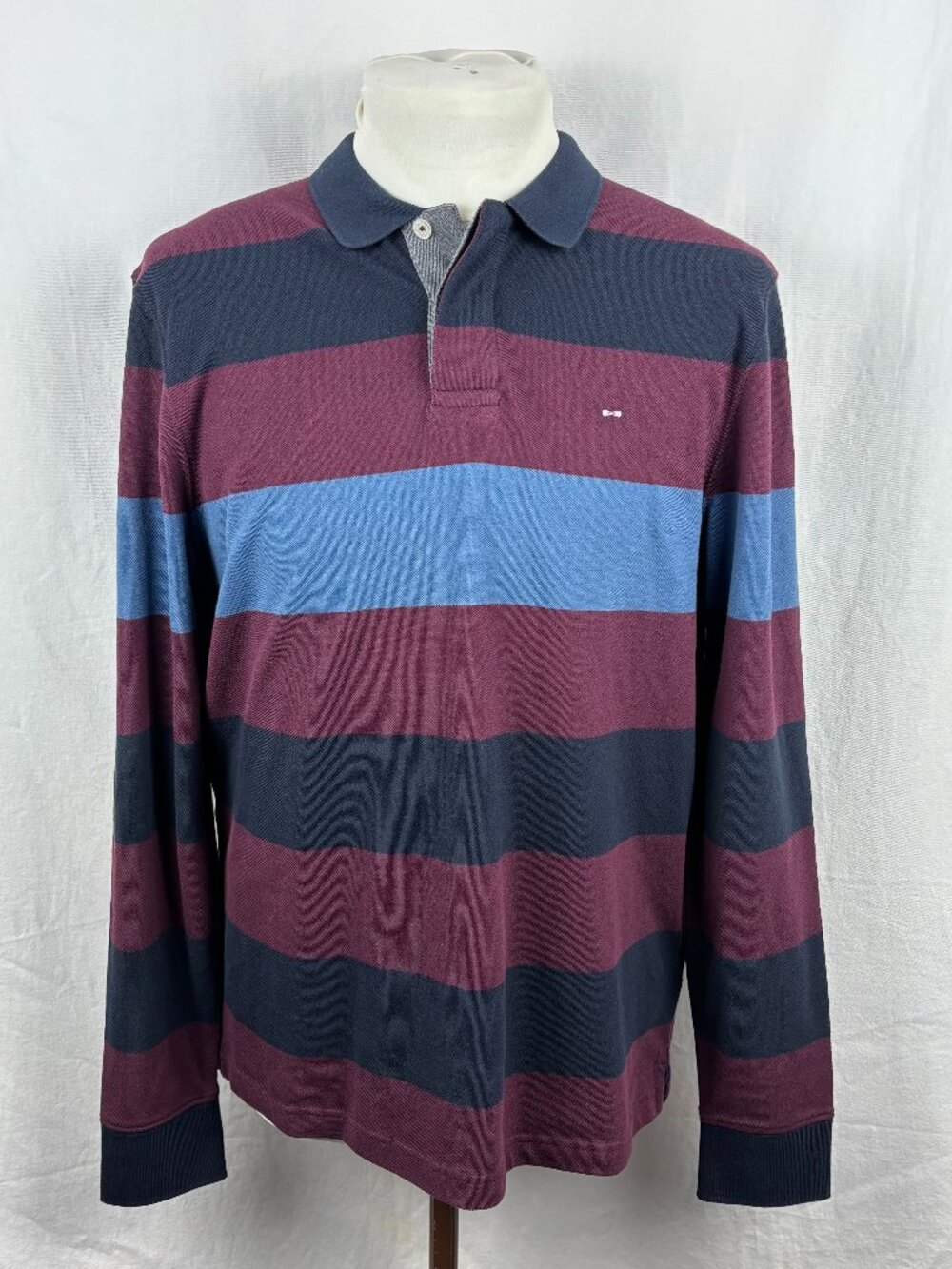 Eden Park Paris Rugby Polo Shirt Long Sleeve Striped Cotton Blue Burgundy L